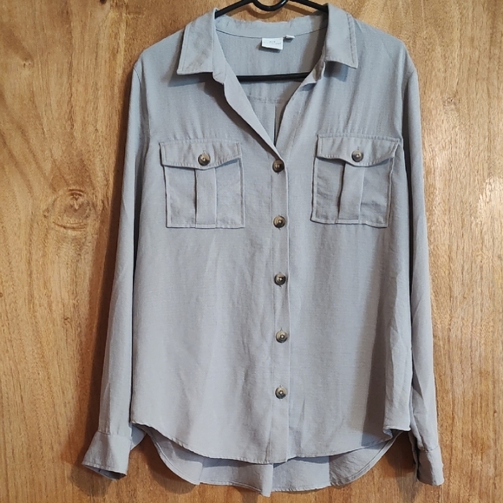 New Directions Womens Silky Split Neck Blouse Silver Button-Up Roll Tabs Size XL